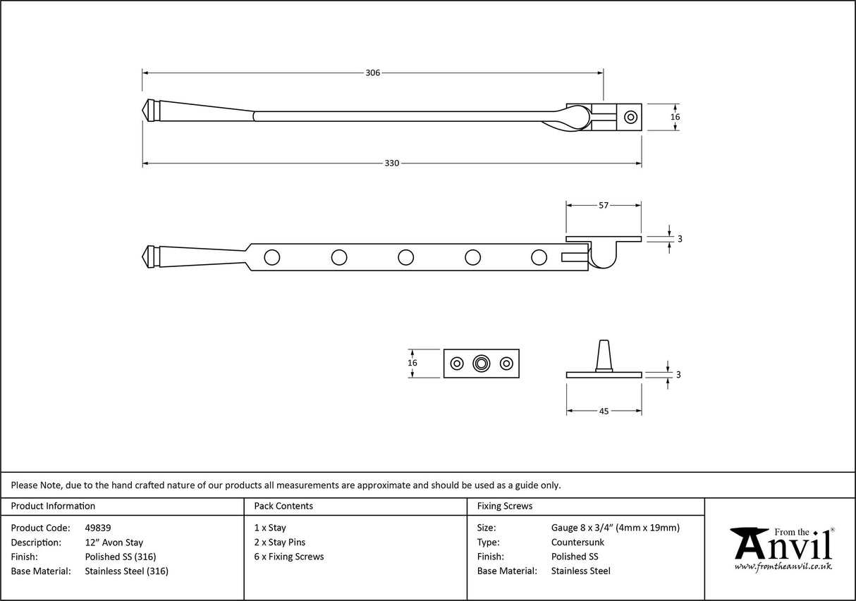 From The Anvil - Polished Marine SS (316) 12" Avon Stay | Sku. 49839 | Trade Door Handles.