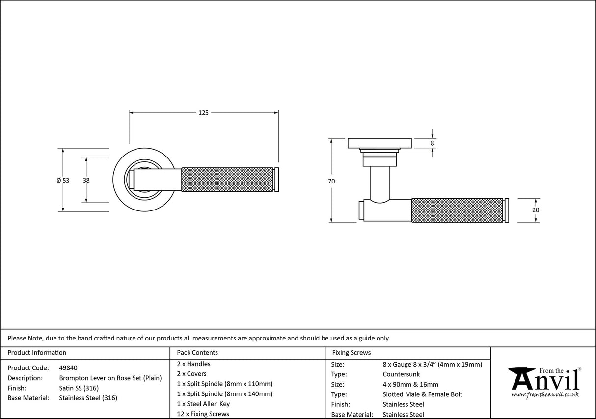 From The Anvil - Satin Marine SS (316) Brompton Lever on Rose Set (Plain) | Sku. 49840 | Trade Door Handles.