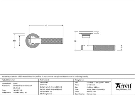 From The Anvil - Satin Marine SS (316) Brompton Lever on Rose Set (Beehive) | Sku. 49842 | Trade Door Handles.
