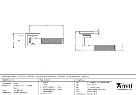From The Anvil - Satin Marine SS (316) Brompton Lever on Rose Set (Square) | Sku. 49843 | Trade Door Handles.