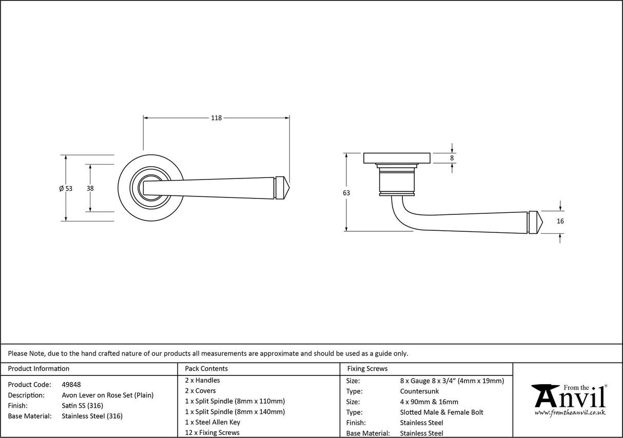 From The Anvil - Satin Marine SS (316) Avon Round Lever on Rose Set (Plain) | Sku. 49848 | Trade Door Handles.