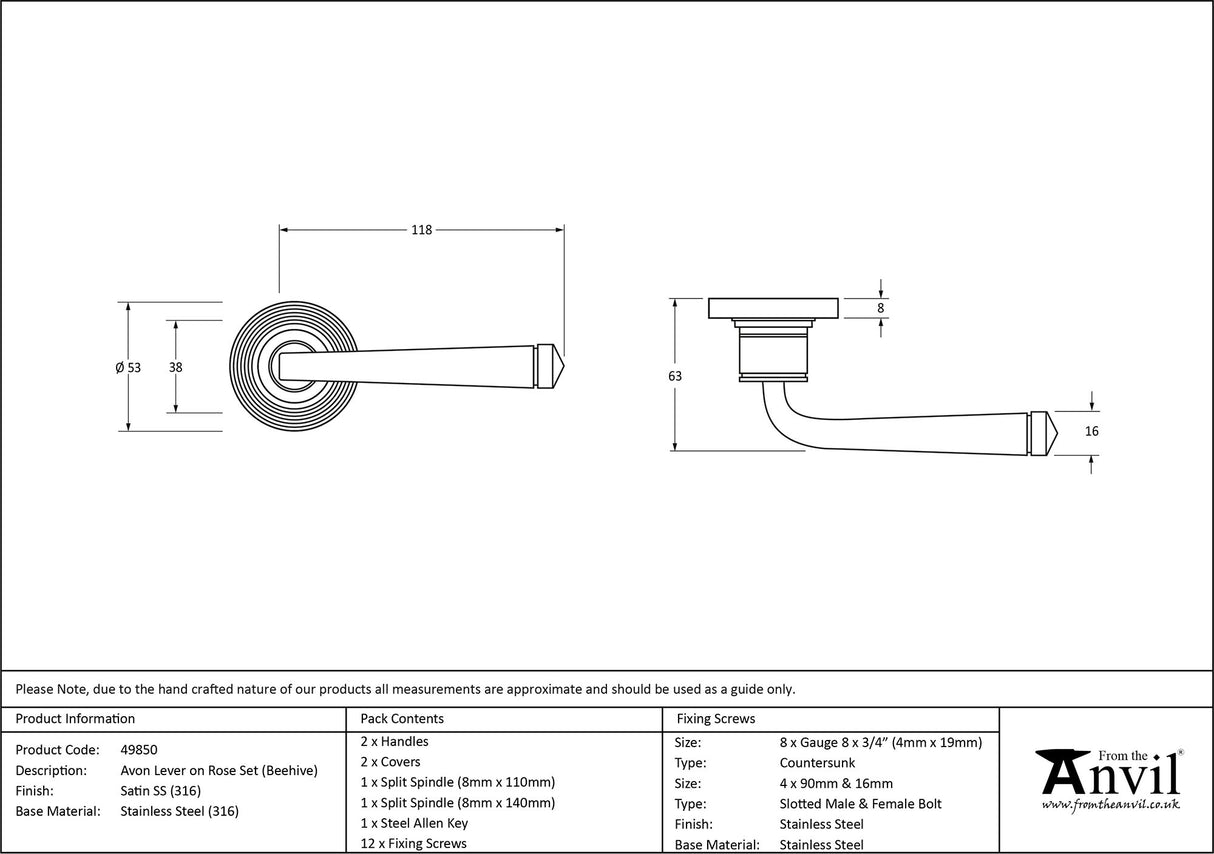 From The Anvil - Satin Marine SS (316) Avon Round Lever on Rose Set (Beehive) | Sku. 49850 | Trade Door Handles.