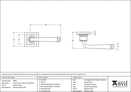 From The Anvil - Satin Marine SS (316) Avon Round Lever on Rose Set (Square) | Sku. 49851 | Trade Door Handles.