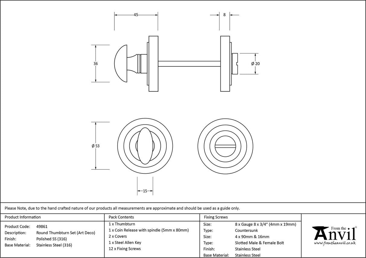 From The Anvil - Polished Marine SS (316) Round Thumbturn Set (Art Deco) | Sku. 49861 | Trade Door Handles.
