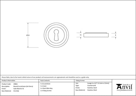 From The Anvil - Satin Marine SS (316) Round Escutcheon (Art Deco) | Sku. 49865 | Trade Door Handles.