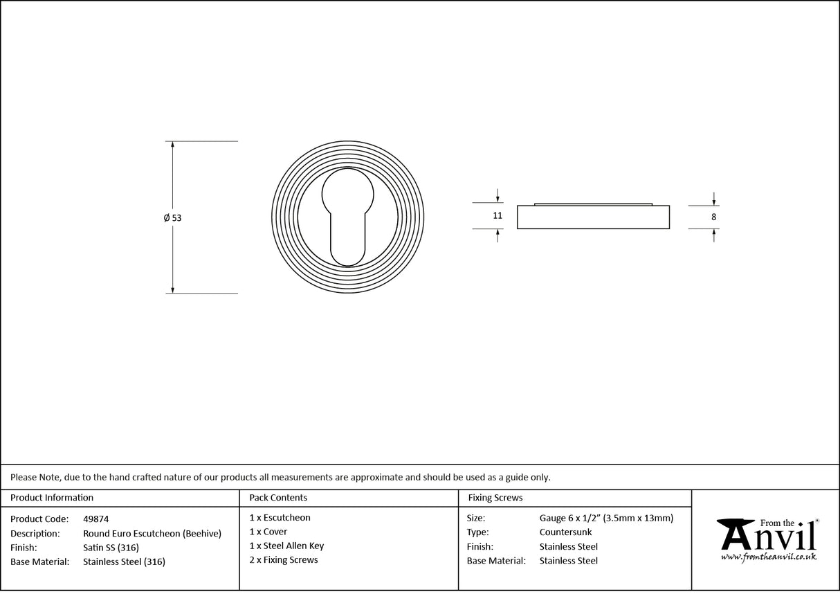 From The Anvil - Satin Marine SS (316) Round Euro Escutcheon (Beehive) | Sku. 49874 | Trade Door Handles.