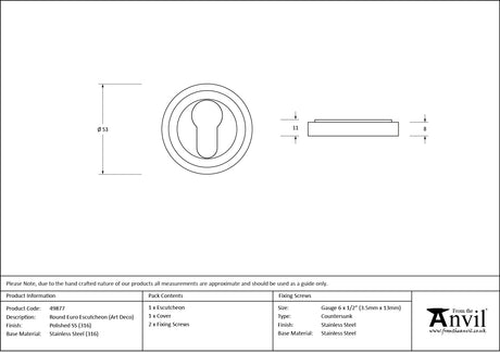 From The Anvil - Polished Marine SS (316) Round Euro Escutcheon (Art Deco) | Sku. 49877 | Trade Door Handles.