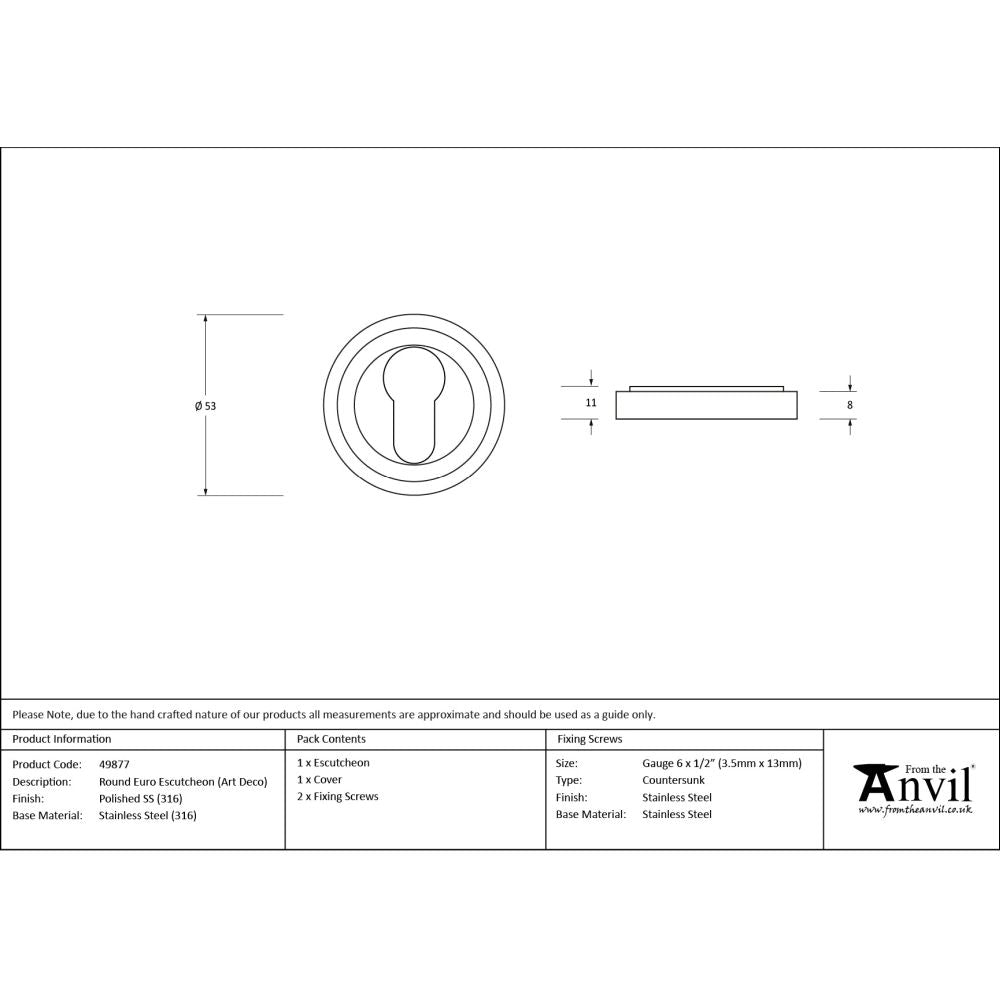 From The Anvil - Polished Marine SS (316) Round Euro Escutcheon (Art Deco) | Sku. 49877 | Trade Door Handles.