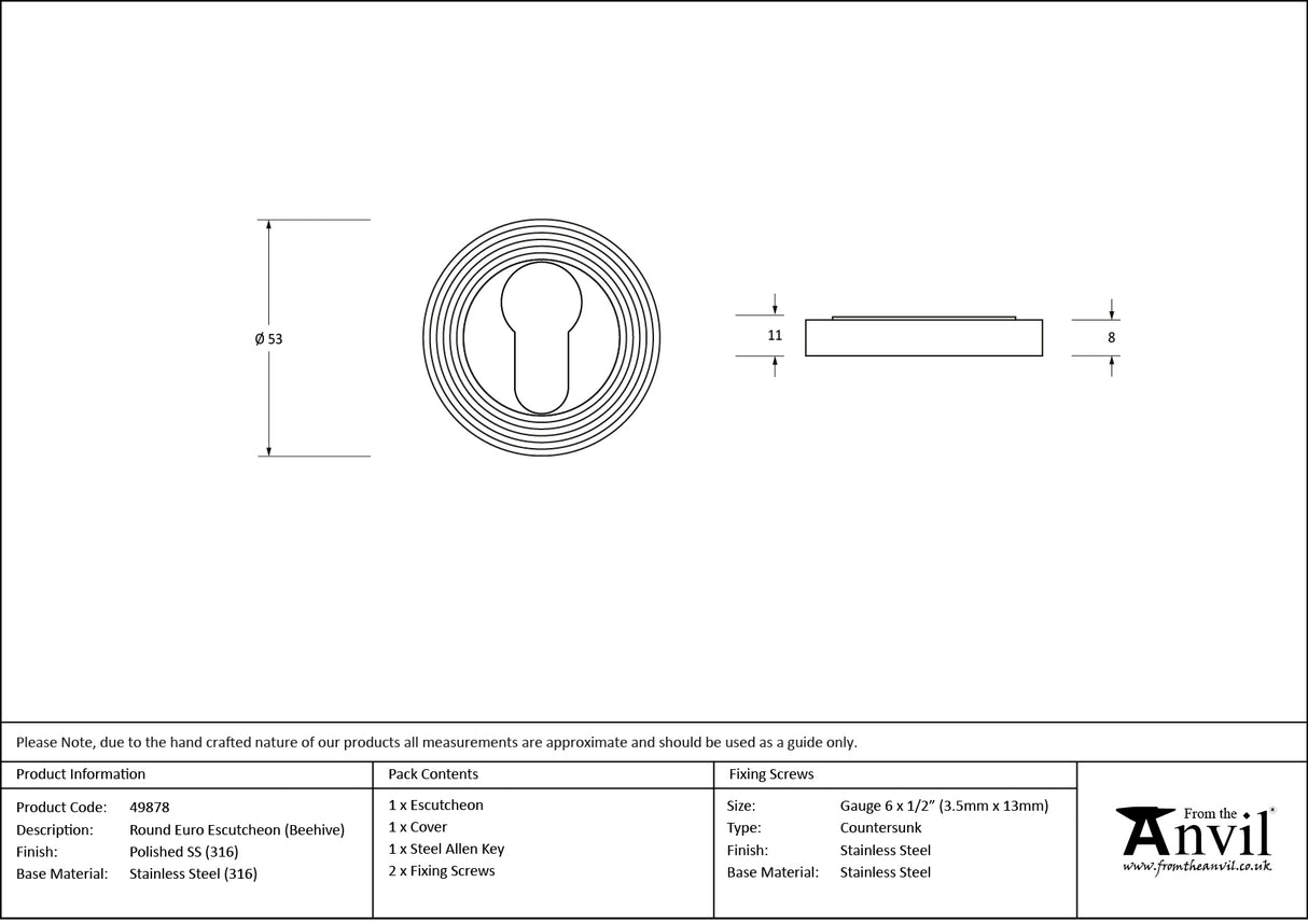 From The Anvil - Polished Marine SS (316) Round Euro Escutcheon (Beehive) | Sku. 49878 | Trade Door Handles.