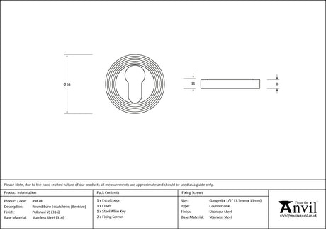 From The Anvil - Polished Marine SS (316) Round Euro Escutcheon (Beehive) | Sku. 49878 | Trade Door Handles.