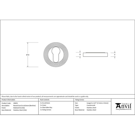 From The Anvil - Polished Marine SS (316) Round Euro Escutcheon (Beehive) | Sku. 49878 | Trade Door Handles.