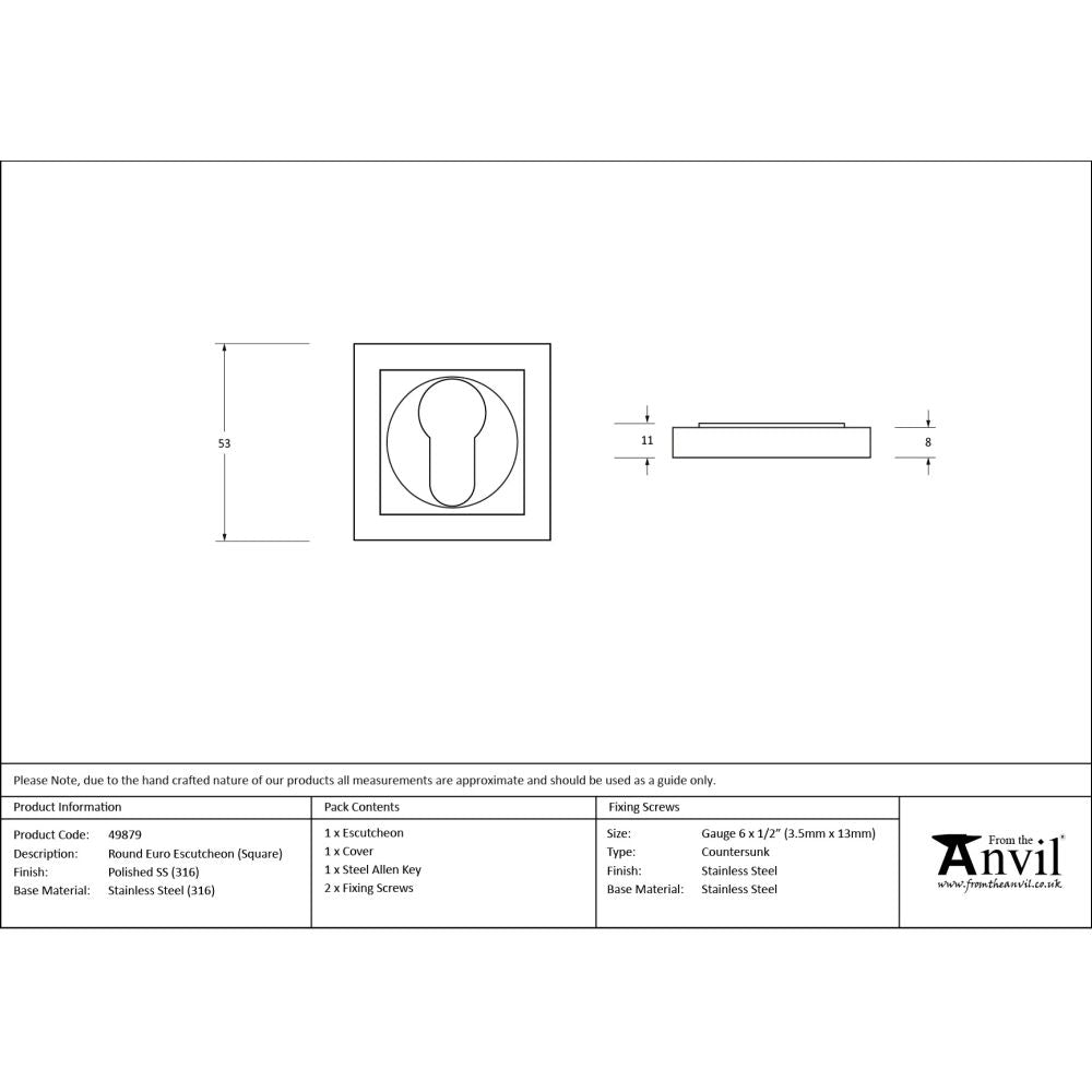 From The Anvil - Polished Marine SS (316) Round Euro Escutcheon (Square) | Sku. 49879 | Trade Door Handles.