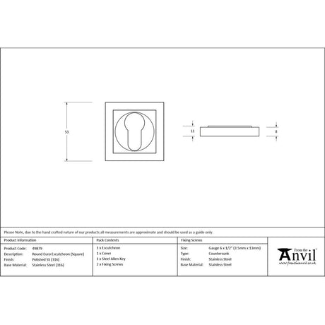 From The Anvil - Polished Marine SS (316) Round Euro Escutcheon (Square) | Sku. 49879 | Trade Door Handles.