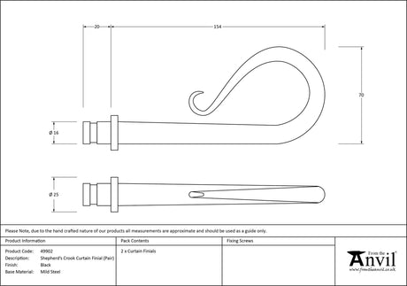 From The Anvil - Black Shepherd's Crook Curtain Finial (pair) | Sku. 49902 | Trade Door Handles.