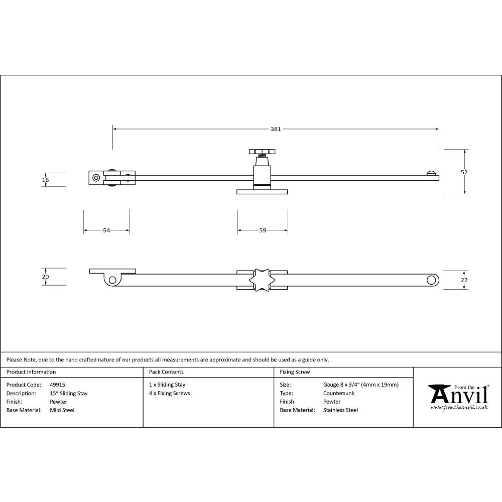From The Anvil - Pewter 15" Sliding Stay | Sku. 49915 | Trade Door Handles.
