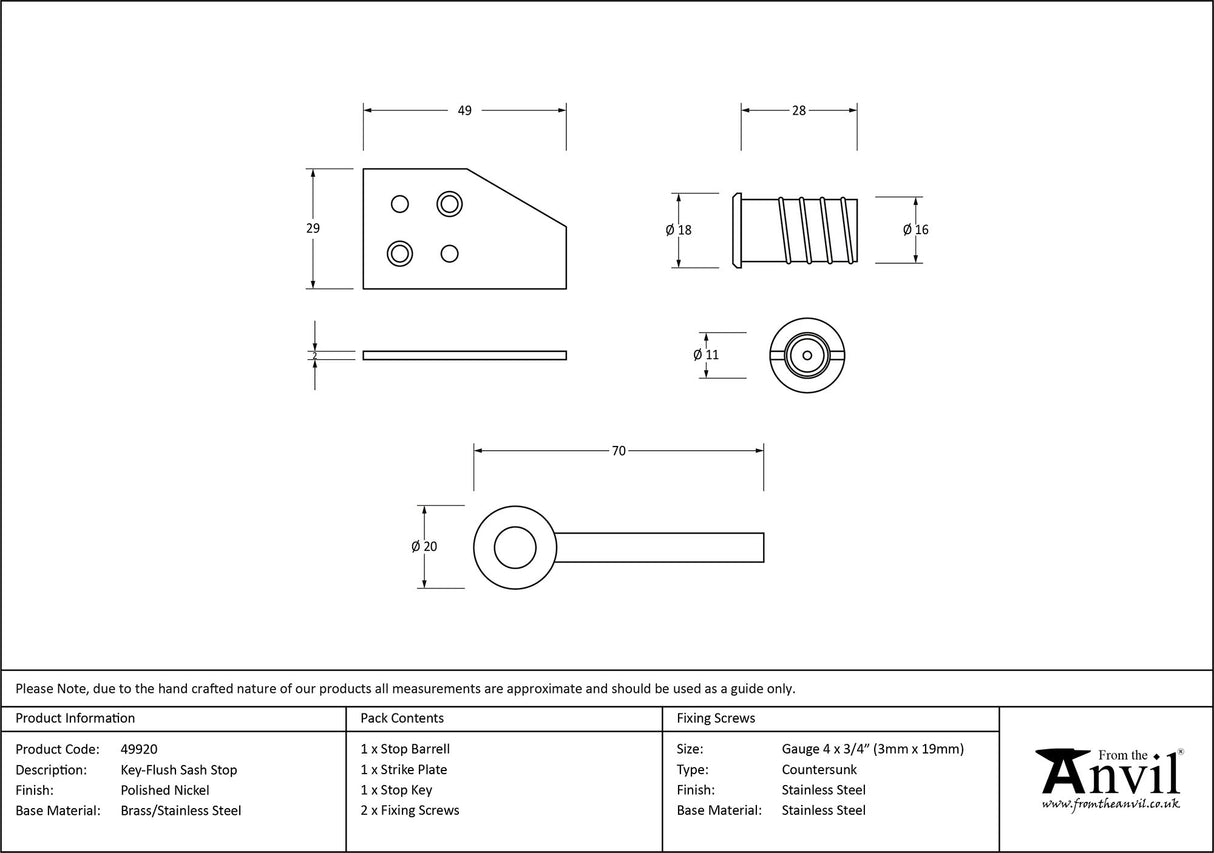 From The Anvil - Polished Nickel Key-Flush Sash Stop | Sku. 49920 | Trade Door Handles.