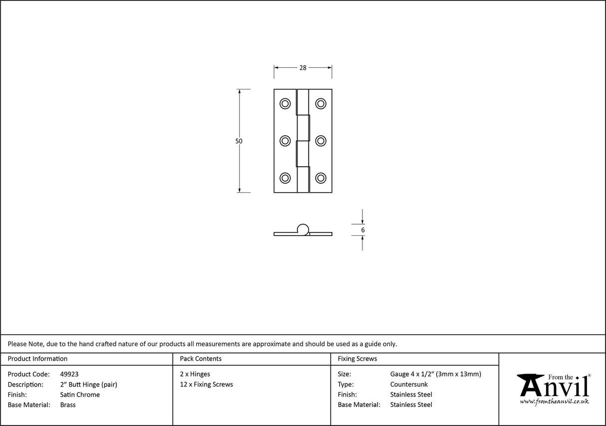 From The Anvil - Satin Chrome 2" Butt Hinge (pair) | Sku. 49923 | Trade Door Handles.