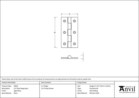 From The Anvil - Aged Brass 2.5" Butt Hinge (pair) | Sku. 49925 | Trade Door Handles.