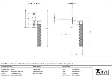 From The Anvil - Polished Marine SS (316) Brompton Espag - RH | Sku. 49934 | Trade Door Handles.