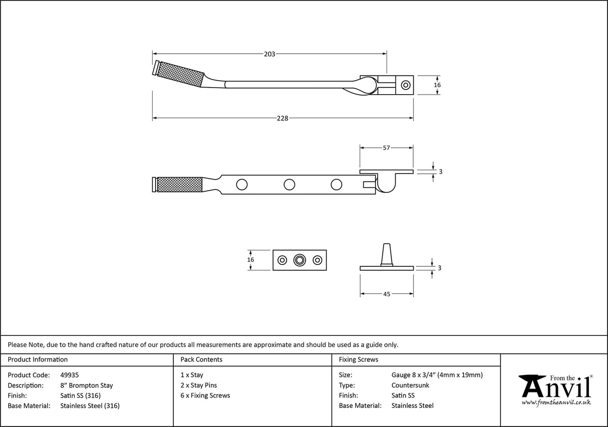 From The Anvil - Satin Marine SS (316) 8" Brompton Stay | Sku. 49935 | Trade Door Handles.