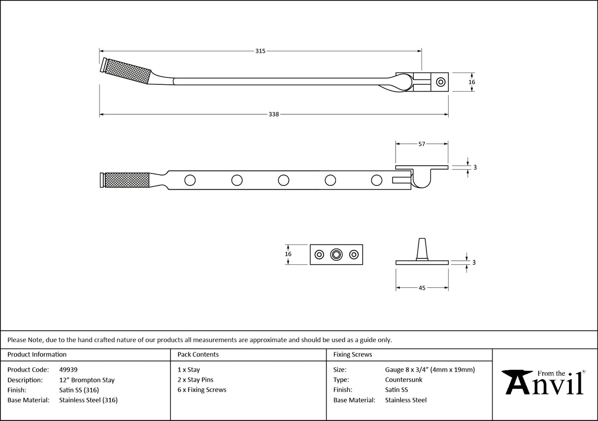 From The Anvil - Satin Marine SS (316) 12" Brompton Stay | Sku. 49939 | Trade Door Handles.