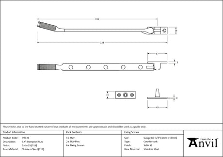 From The Anvil - Satin Marine SS (316) 12" Brompton Stay | Sku. 49939 | Trade Door Handles.