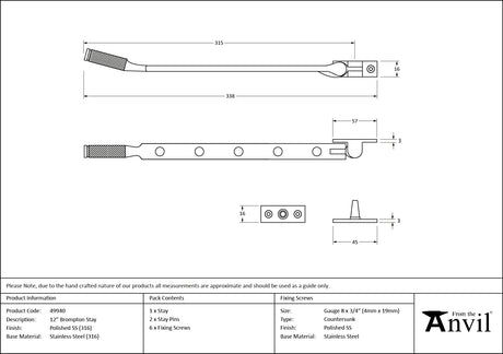 From The Anvil - Polished Marine SS (316) 12" Brompton Stay | Sku. 49940 | Trade Door Handles.