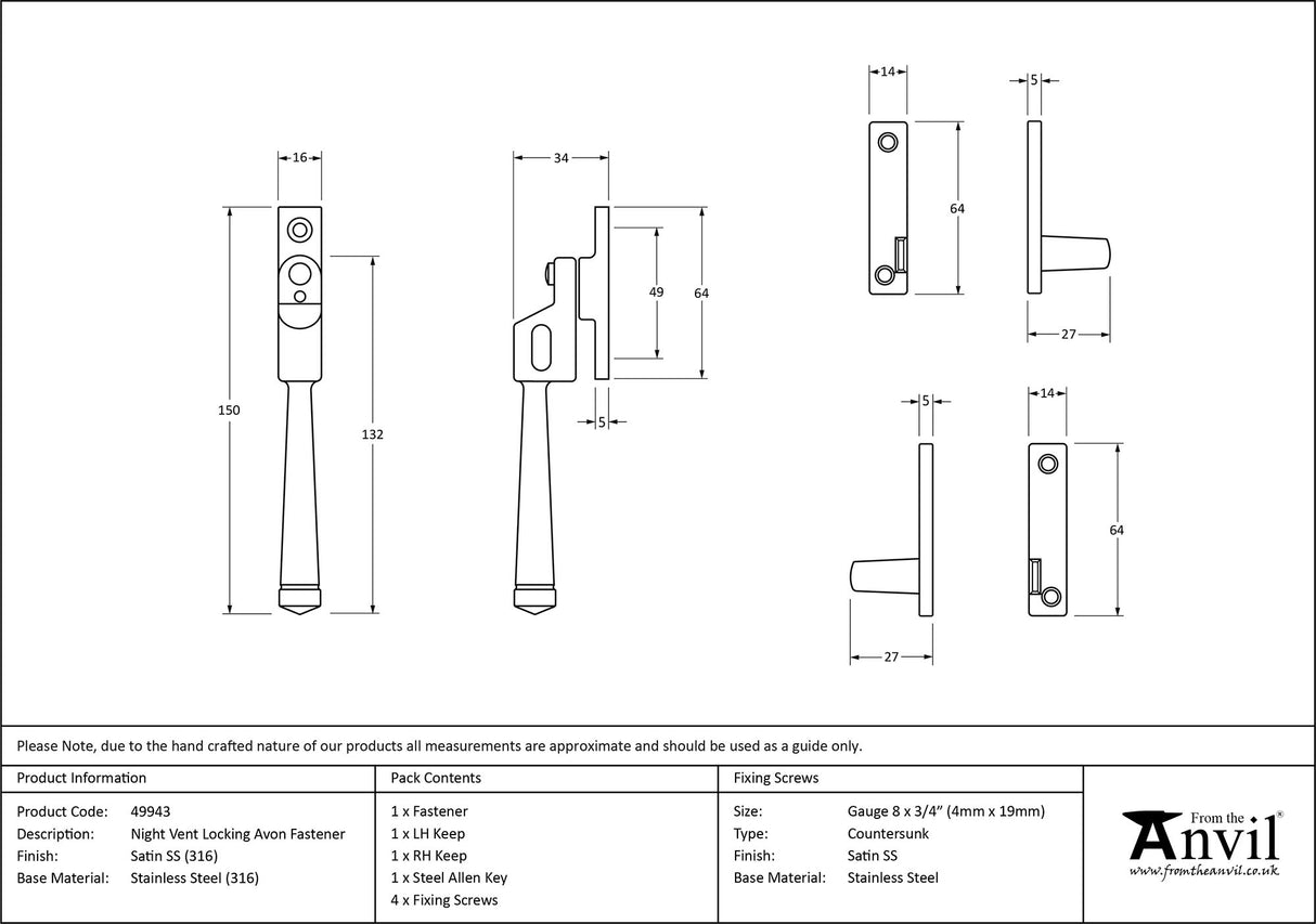 From The Anvil - Satin Marine SS (316) Night-Vent Locking Avon Fastener | Sku. 49943 | Trade Door Handles.