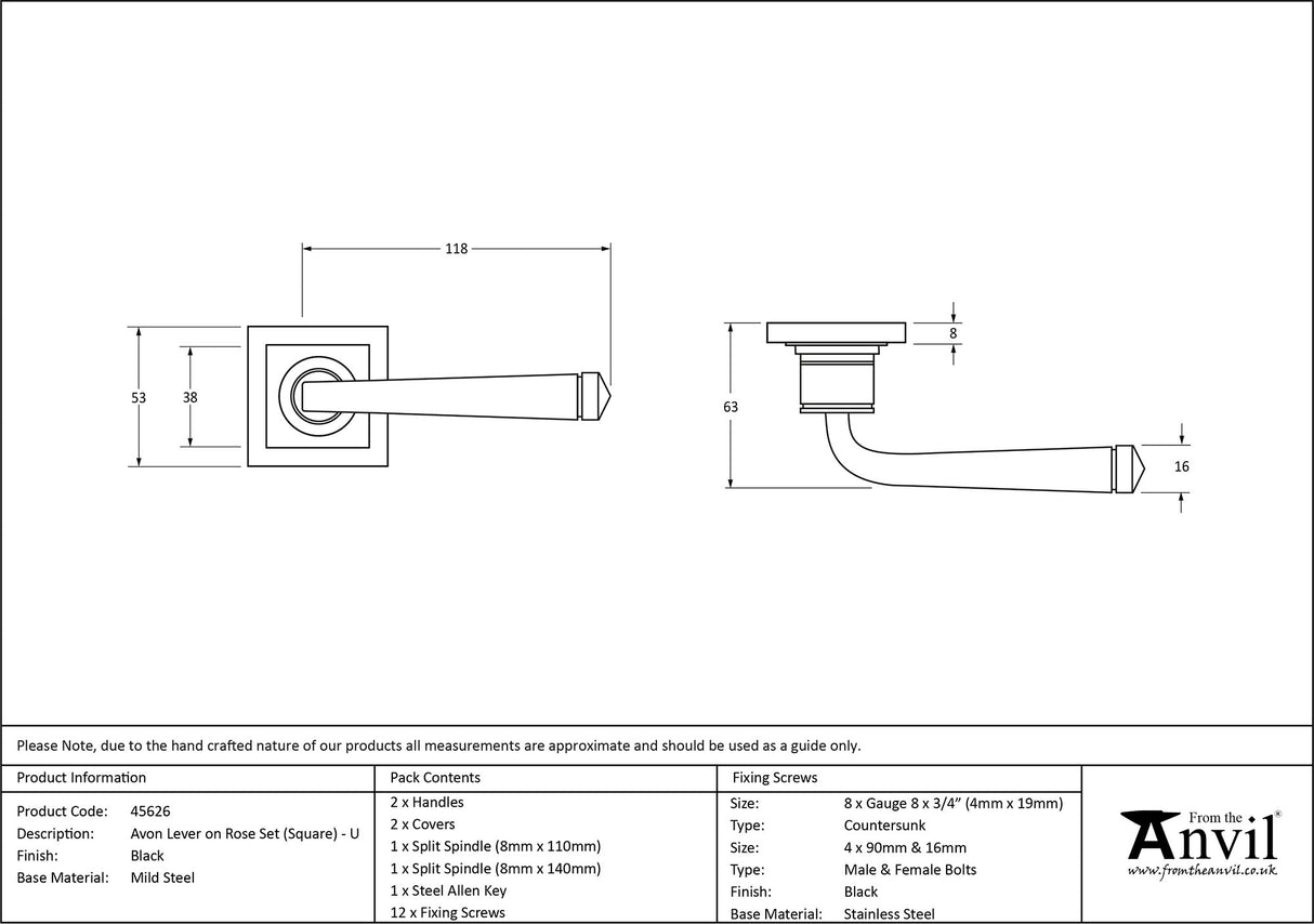 From The Anvil - Black Avon Round Lever on Rose Set (Square) - Unsprung | Sku. 49960 | Trade Door Handles.