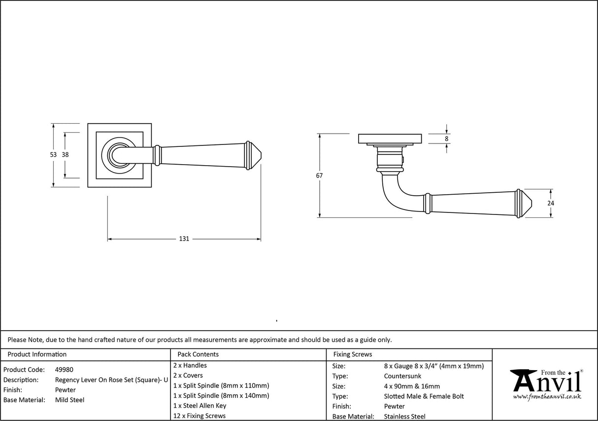 From The Anvil - Pewter Regency Lever on Rose Set (Square) - Unsprung | Sku. 49980 | Trade Door Handles.