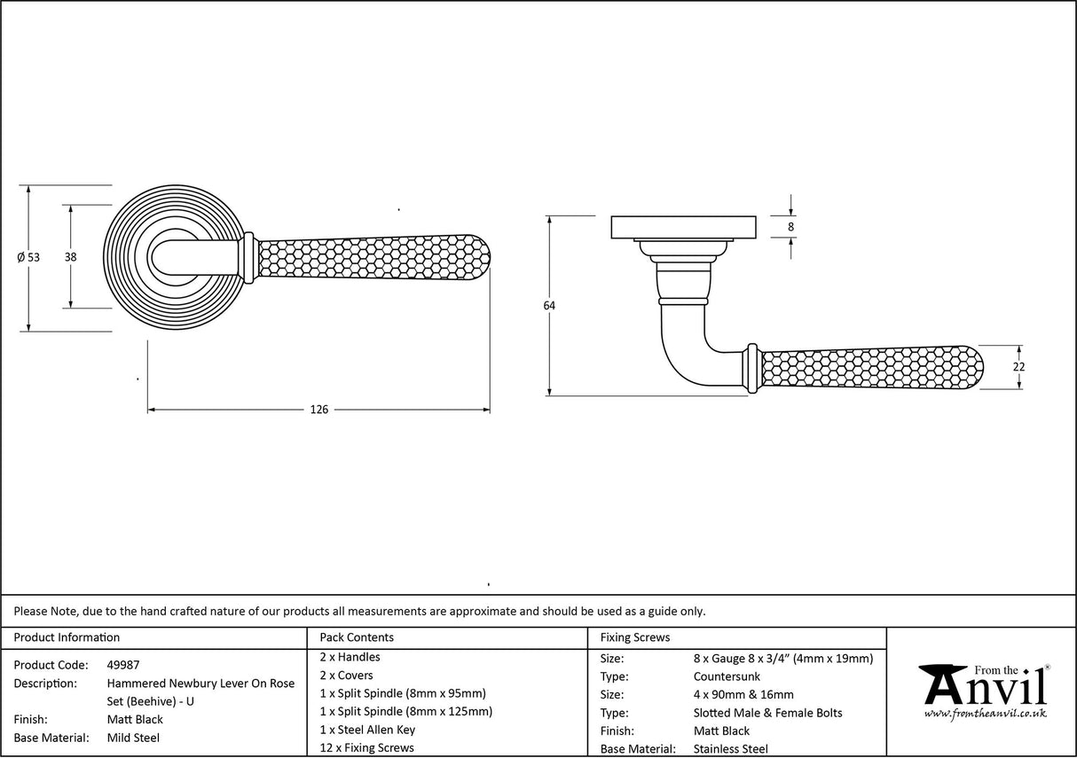 From The Anvil - Matt Black Hammered Newbury Lever on Rose Set (Beehive) - Unsprung | Sku. 49987 | Trade Door Handles.