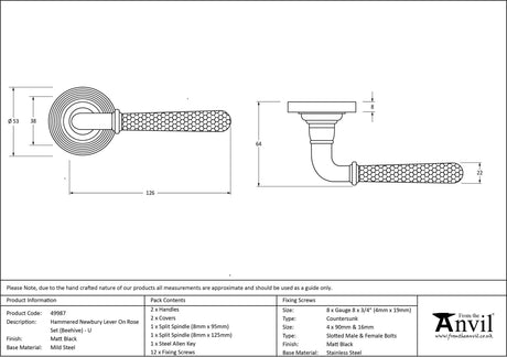 From The Anvil - Matt Black Hammered Newbury Lever on Rose Set (Beehive) - Unsprung | Sku. 49987 | Trade Door Handles.