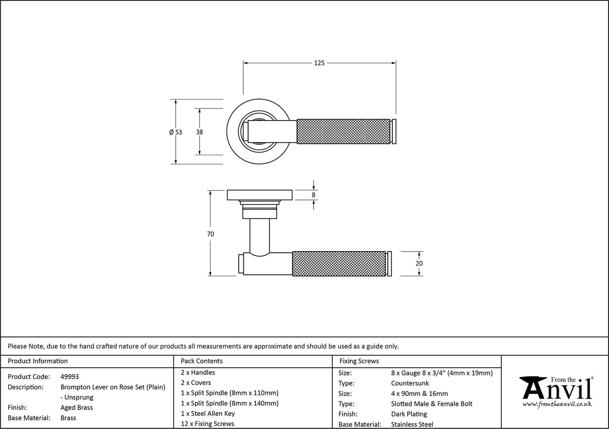 From The Anvil - Aged Brass Brompton Lever on Rose Set (Plain) - Unsprung | Sku. 49993 | Trade Door Handles.