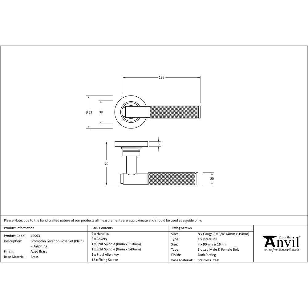 From The Anvil - Aged Brass Brompton Lever on Rose Set (Plain) - Unsprung | Sku. 49993 | Trade Door Handles.