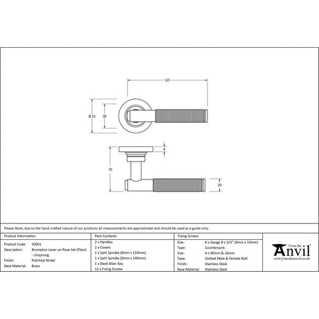From The Anvil - Polished Nickel Brompton Lever on Rose Set (Plain) - Unsprung | Sku. 50001 | Trade Door Handles.