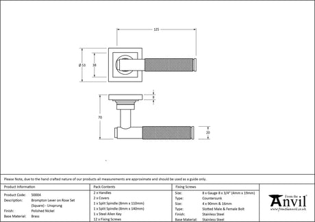 From The Anvil - Polished Nickel Brompton Lever on Rose Set (Square) - Unsprung | Sku. 50004 | Trade Door Handles.