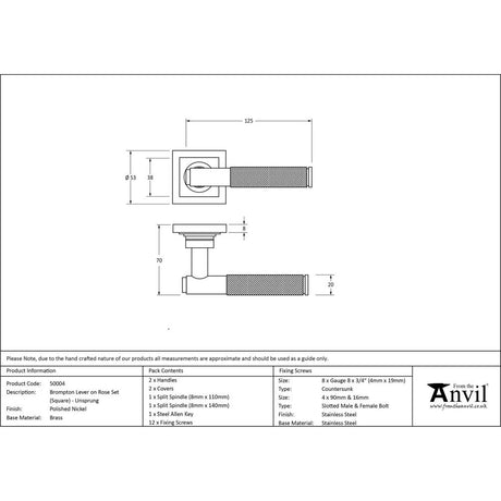 From The Anvil - Polished Nickel Brompton Lever on Rose Set (Square) - Unsprung | Sku. 50004 | Trade Door Handles.