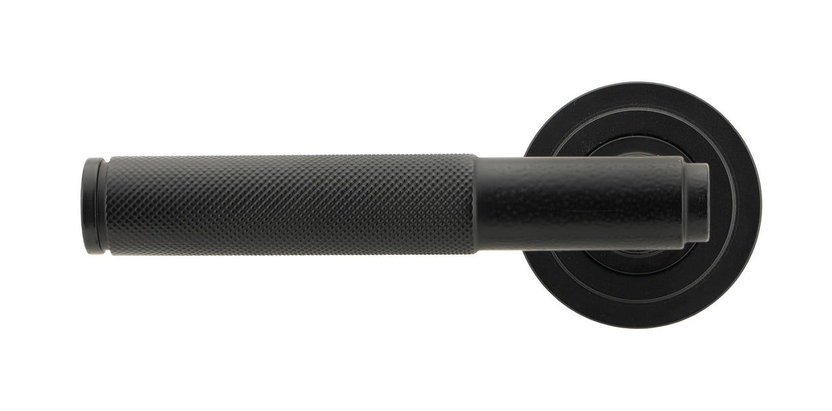 From The Anvil - Matt Black Brompton Lever on Rose Set (Art Deco) - Unsprung | Sku. 50010 | Trade Door Handles.