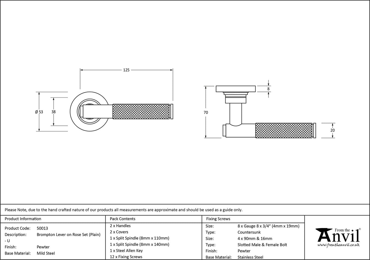 From The Anvil - Pewter Brompton Lever on Rose Set (Plain) - Unsprung | Sku. 50013 | Trade Door Handles.