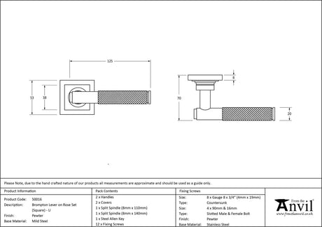 From The Anvil - Pewter Brompton Lever on Rose Set (Square) - Unsprung | Sku. 50016 | Trade Door Handles.