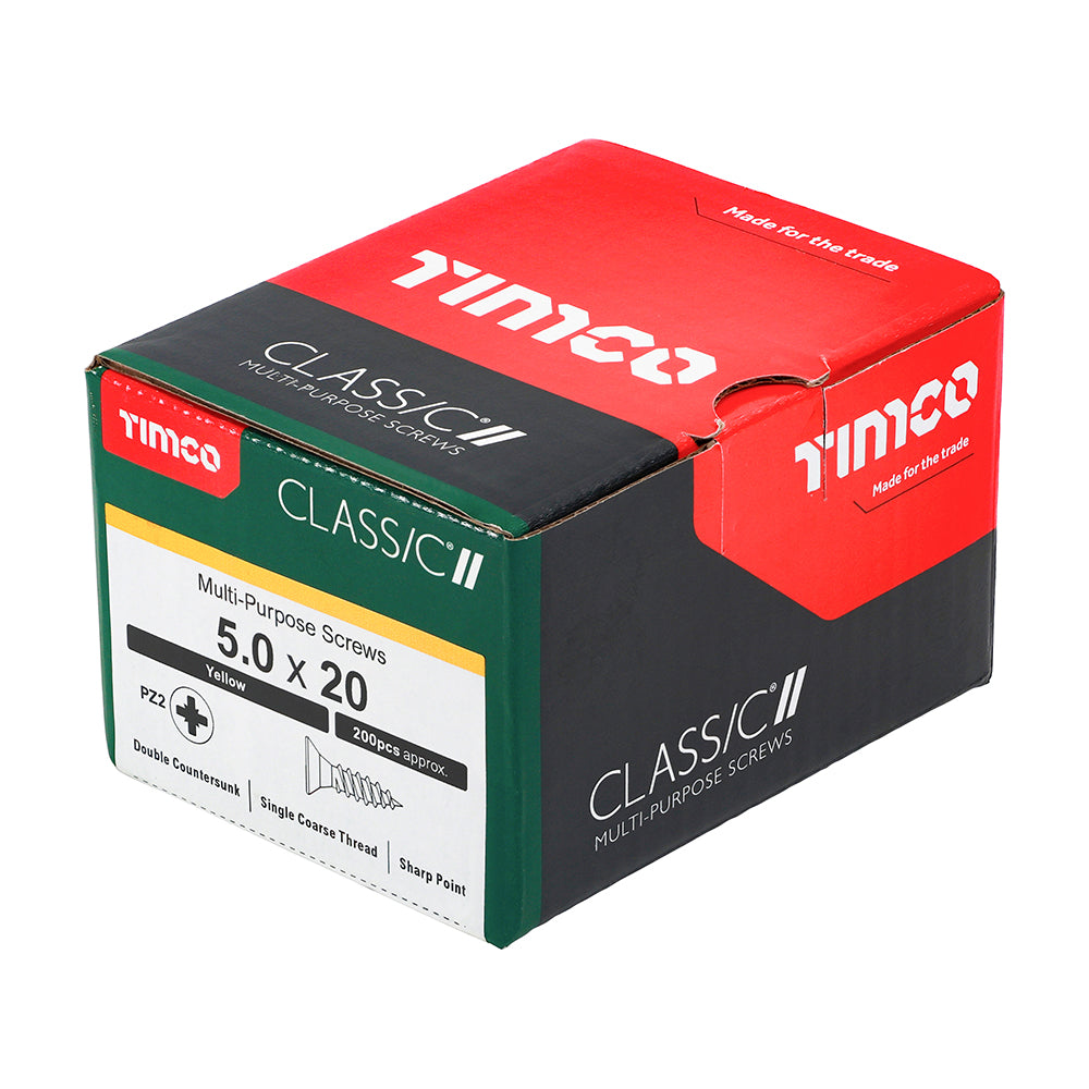 This is an image of Timco - Classic Multi-Purpose Screws - PZ - Double Countersunk - Yellow 5.0 x 20mm - (200 PCS Box) 50020CLAF