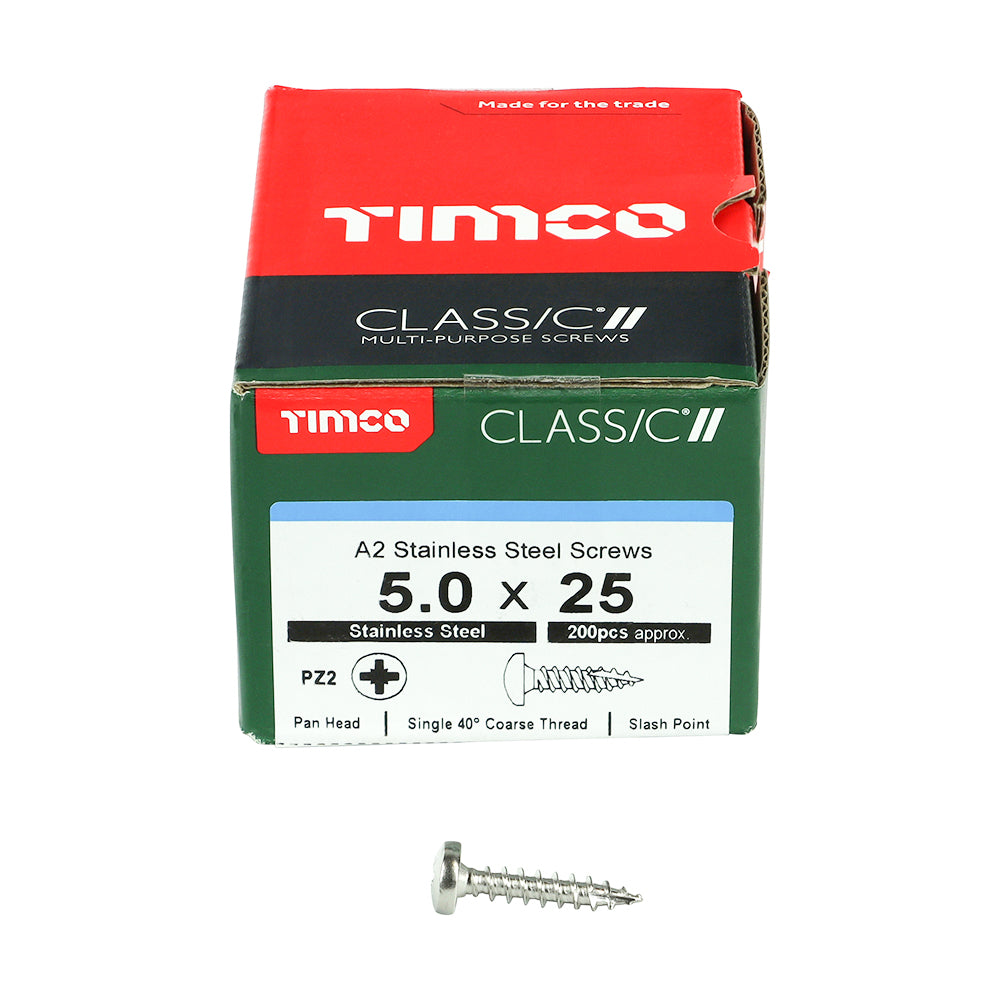 This is an image of Timco - Classic Multi-Purpose Screws - PZ - Pan Head - A2 Stainless Steel 5.0 x 25mm - (200 PCS Box) 50025CLAPSS