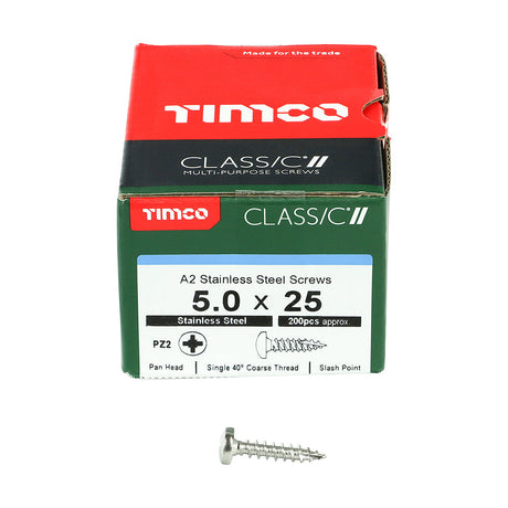 This is an image of Timco - Classic Multi-Purpose Screws - PZ - Pan Head - A2 Stainless Steel 5.0 x 25mm - (200 PCS Box) 50025CLAPSS