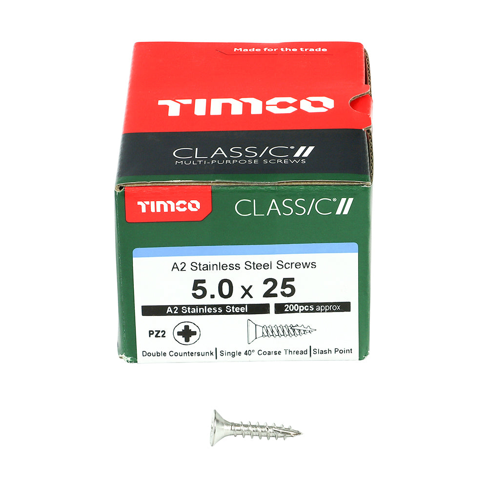 This is an image of Timco - Classic Multi-Purpose Screws - PZ - Double Countersunk - A2 Stainless Steel 5.0 x 25mm - (200 PCS Box) 50025CLASS