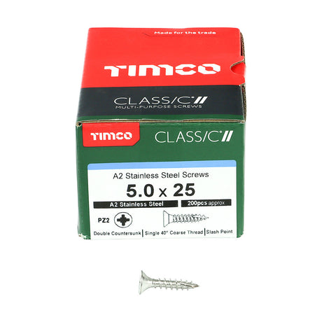 This is an image of Timco - Classic Multi-Purpose Screws - PZ - Double Countersunk - A2 Stainless Steel 5.0 x 25mm - (200 PCS Box) 50025CLASS