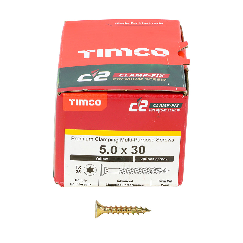 This is an image of Timco - C2 Clamp-Fix Screws - TX - Double Countersunk with Ribs - Twin-Cut - Yellow 5.0 x 30mm - (200 PCS Box) 50030C2C