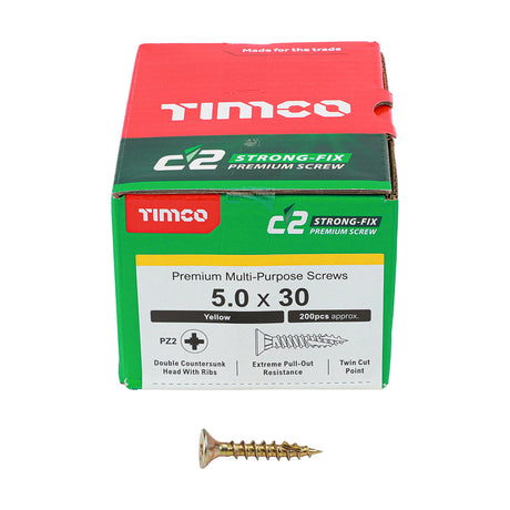 This is an image of Timco - C2 Strong-Fix Screws - PZ - Double Countersunk - Twin-Cut - Yellow 5.0 x 30mm - (200 PCS Box) 50030C2