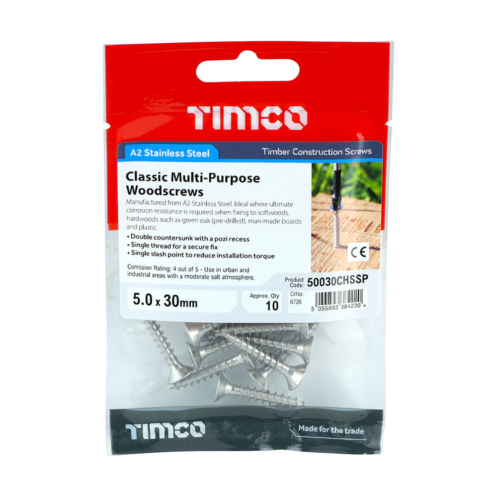 This is an image of Timco - Classic Multi-Purpose Screws - PZ - Double Countersunk - Stainless Steel 5.0 x 30mm - (10 PCS TIMpac) 50030CHSSP