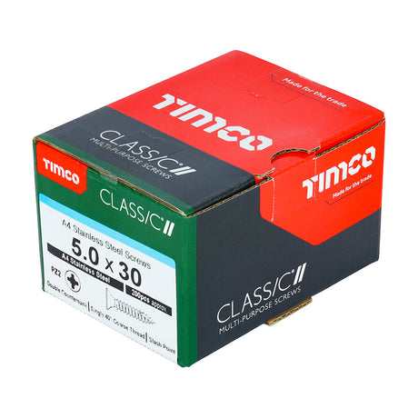 This is an image of Timco - Classic Multi-Purpose Screws - PZ - Double Countersunk - A4 Stainless Steel 5.0 x 30mm - (200 PCS Box) 50030CLA4