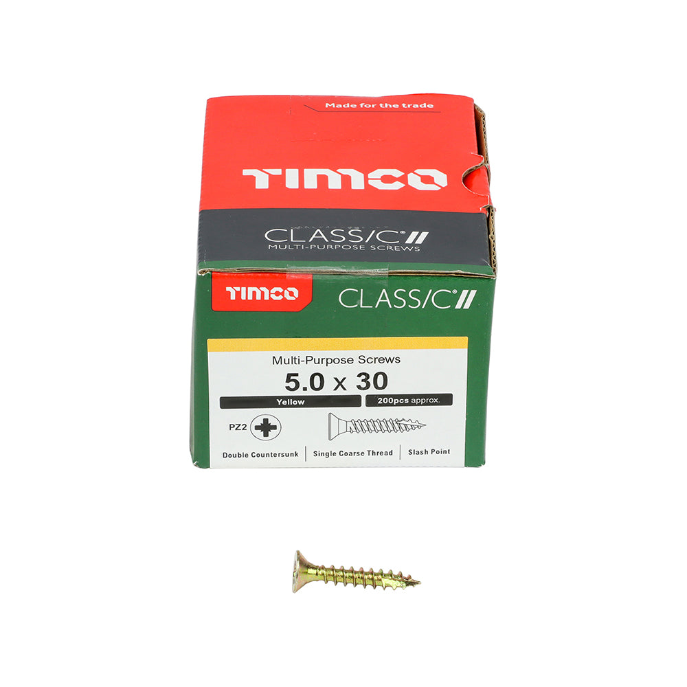This is an image of Timco - Classic Multi-Purpose Screws - PZ - Double Countersunk - Yellow 5.0 x 30mm - (200 PCS Box) 50030CLAF